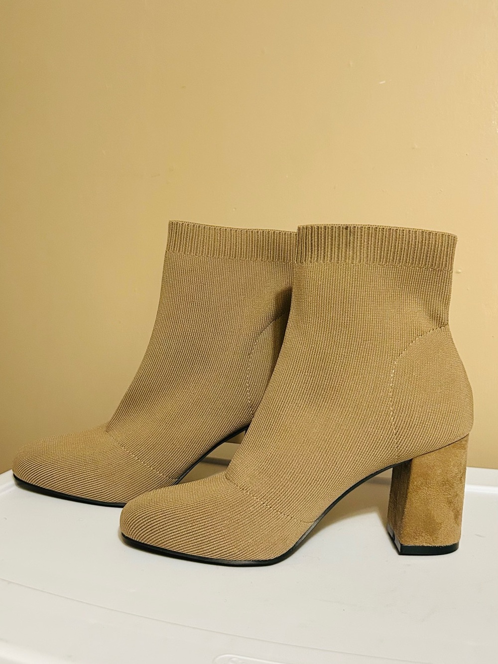 MIA Tan Sock Booties with Block Heel
